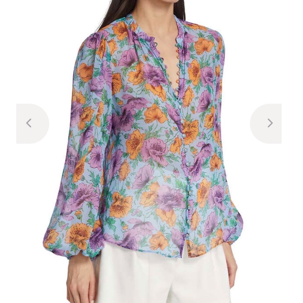 Veronica Beard Silk Floral Blouse Blue Purple Orange V-Neck Ruffle Size 6